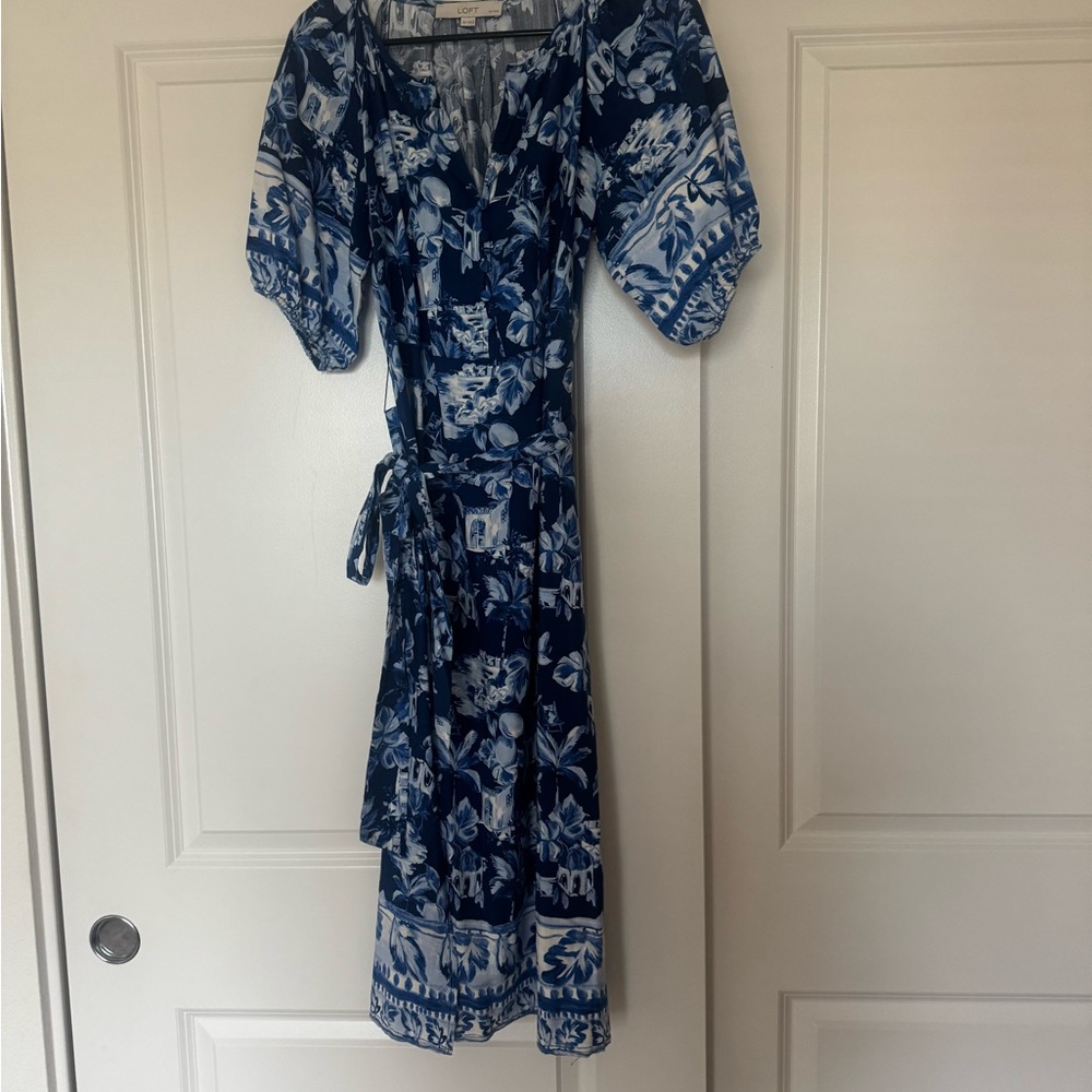 LOFT Navy and White Floral Midi Dress